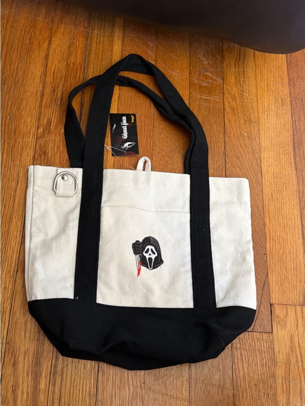 Canvas Tote Bag with Ghost Face Embroidery - Black & Cream
